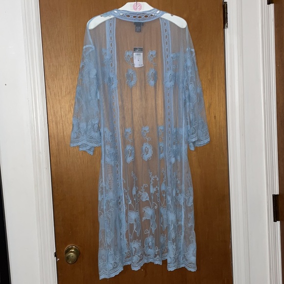•RUE21•NWT BLUE FLORAL LACE SHEER CROCHET BELL SLEEVE OPEN FRONT KIMONO- MEDIUM - Picture 7 of 8